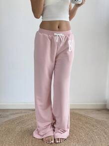 Sunnyshic Quần nỉ ống đứng cạp trễ thêu gân màu tương phản màu xám 87, túi xéo, ống đứng, dáng rộng, thường ngày, phù hợp mặc ở nhà, hàng ngày, dạo phố, thể thao cổ điển, thiết kế tối giản, mùa xuân/hè dành cho nữ - Hồng - Xem 4