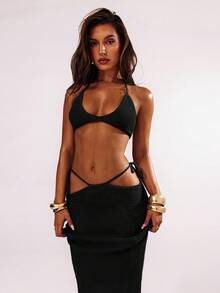 SHEIN BAE Women's Solid Color Halter Sleeveless Knit Top And Skirt 2 Pieces Set In Fall/Winter - Black - View 8