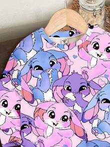 SHEIN Bộ 2 quần áo nỉ dài tay cổ tròn và quần legging in hình thỏ xanh hoạt hình dễ thương Lulu & bé gái, phù hợp cho mùa thu/đông - Nhiều màu - Xem 4