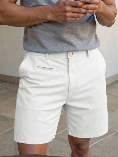 Manfinity Homme Men's Solid Color Loose Fit Elastic Waist Straight Leg Bermuda Shorts Men White Shorts White Shorts Men Golf Shorts Men 5 Inch Inseam Shorts White Jorts.A Great Gift For A Boyfriend Or Husband.