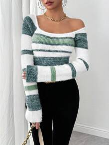 EMERY ROSE Women's Striped Square Neck Long Sleeve Fitted Sweater, Autumn Fall Winter Cloth For Women - Multicolor - View 5