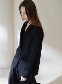 Aveloria Modichic 女士通勤时尚天鹅绒亮片拼接宽松双排扣西装外套，优雅高端休闲外套