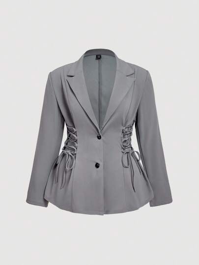 SHEIN MOD Women's Grey Blazer With Side Lace-Up | Casual Suit Jacket | Elegant Lapel Officewear | Street Style | Autumn Spring Fashion/Plus Size Women Gray Blazer Jacket With Side Tie,Plus Size Simple Casual Commuter Vintage Tie-Up Decor Blazer Winter Fall