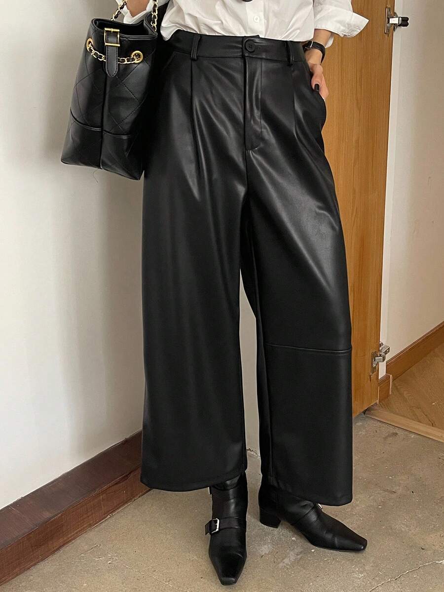 DAZY 女款寬腿九分 PU 皮革街頭休閒長褲 - 黑色 - 查看 1