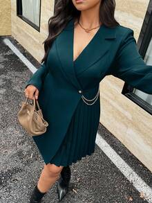 DreamSkyne 大码女式纯色翻领长袖拼接褶裥下摆优雅连衣裙，适合秋季穿着 - 水鴨藍 - 查看 4