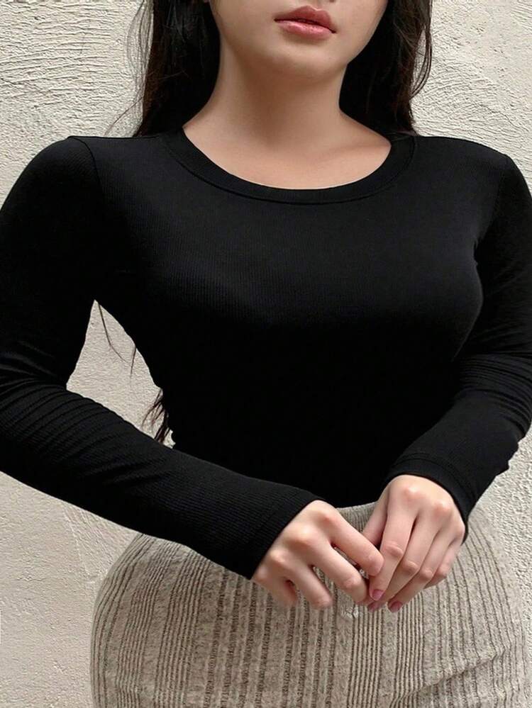 Dazy Plus Elastic Fitted Crew Neck Long Sleeve Black T-Shirt, Spring/Autumn
