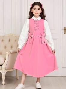 2 pièces Ensemble de chemise formelle à manches longues et robe sans manches avec décoration nœud mignon pour jeunes filles. Convient pour les sorties, les rassemblements, l'école et les activités de loisirs - Multicolore - Voir 1