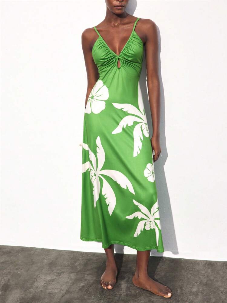 SHEIN Maija Women's Bohemian Tropical Rainforest Palm Tree Print Long Dress, Business Casual Beach Resort Music Festival Outfit, Elegant Christmas New Year Party Dress