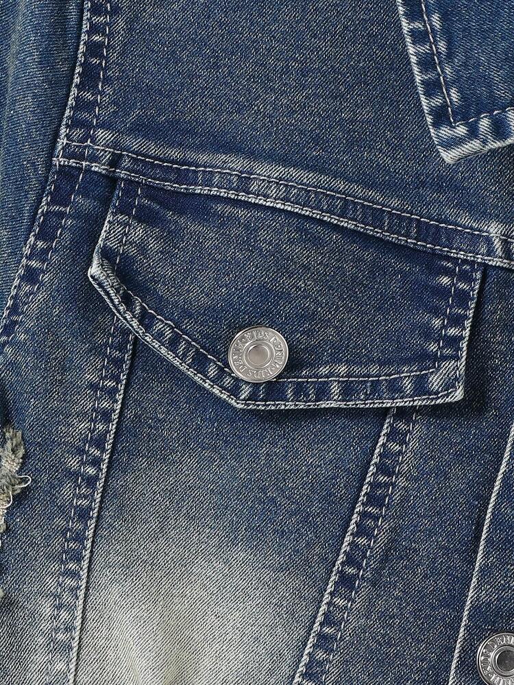 SHEIN Playful Pals 2 st. set med personligt tyg, vintage- och gatumode för unga pojkar, tvättad jeansjacka och jeans, college- och casualstil - Brons - Visa 8