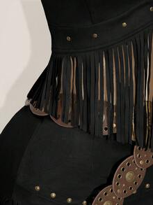 SHEIN ICON 大码 Y2K 复古牛仔波西米亚乡村音乐会度假嬉皮士西部风女装节日流苏下摆露背麂皮吊带背心，秋季度假，波西米亚黑色上衣，秋季 - 黑色 - 查看 8