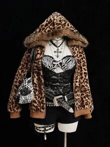 Sweetra Leopard Faux Fur Minimalist Hat & Short Vintage Casual Jacket Winter Fall Autumn - Brown - View 2