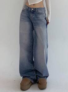 DAZY Damskie luźne jeansy z przodu z zapięciem na guziki i wieloma kieszeniami, szerokie nogawki, codzienne, luźne jeansy - Niebieski - Zobacz 4