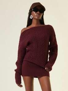 Autumn/Winter New Slouchy Elastic Fitted Off Shoulder Sweater Dress Fall Cloth For Women - Burgundy - View 1