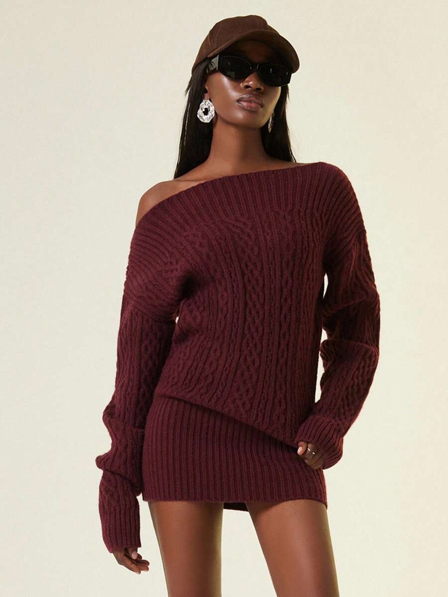 Autumn/Winter New Slouchy Elastic Fitted Off Shoulder Sweater Dress Fall Cloth For Women - Burgundy - View 1