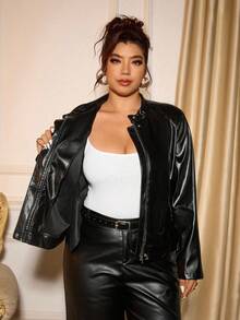 Allurite معطف جلد صناعي كاجوال للنساء كبيرات الحجم للخريف/الشتاء، طوق عالي، جيوب، طراز بانك شيك، أكمام قصيرة، لون أسود راقي - الأسود - مشاهدة 8