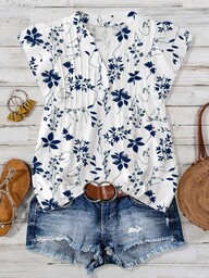 Linhara Plus Size Women Plant Print Cap Sleeve Shirt