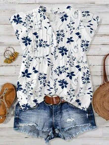 Linhara Plus Size Women Plant Print Cap Sleeve Shirt - Multicolor - View 1