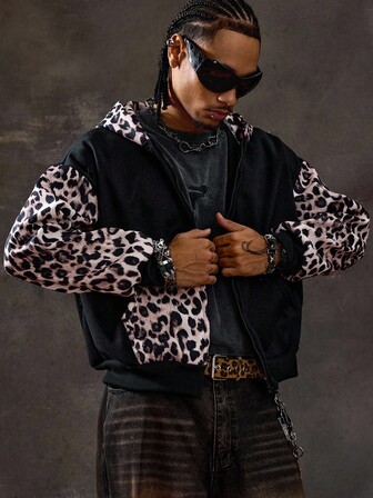 Street Life Sudadera holgada con estampado de leopardo y parches para hombre, otoño