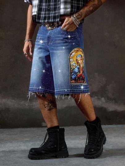 Goth Pantalones cortos vaqueros casuales de hombre con estampado de Virgen María y adornos de rhinestone, para verano