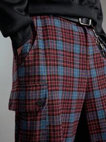 ROMWE MEN Men's Plaid Wide Leg Loose Casual Cargo Pants, For Fall - Purple - View 2
