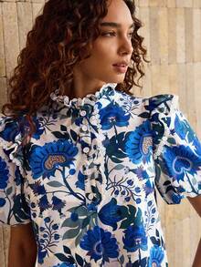 Shutterstock Glamance Blusa de moda con cuello alto, mangas abultadas, botones delanteros y adorno de encaje para salir, elegante y casual para otoño - Azul - Ver 1