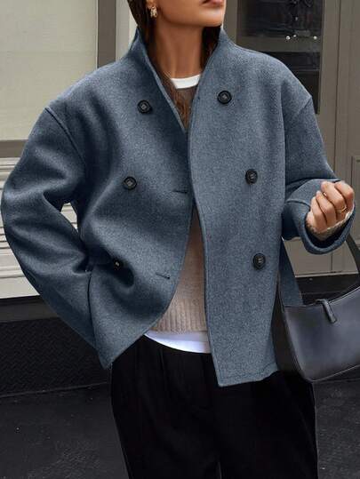 Easura Abrigo de lana vintage de doble botonadura de unicolor, estilo europeo y americano, ropa de mujer para ir al trabajo, chaqueta de lana para otoño/invierno