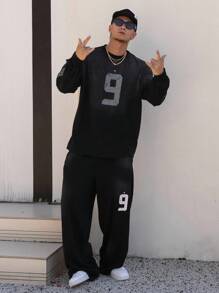 DAZY Set Kaos Pria Gaya Jalanan Motif Geometris Vintage dengan Efek Usang, Musim Gugur - Hitam - View 1