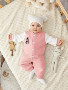 SHEIN Chaqueta de béisbol con cremallera y bloque de color para bebé recién nacido niño/niña con parche bordado, pantalones lisos de unicolor suaves y cómodos, adecuados para el hogar, al aire libre, deportes - Rosa - Ver 4