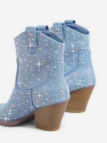 SHUZIA 畅销女款炫彩水钻牛仔西部短靴：Tayler Swit 灵感，节日必备，永恒奢华 - 藍色 - 查看 5