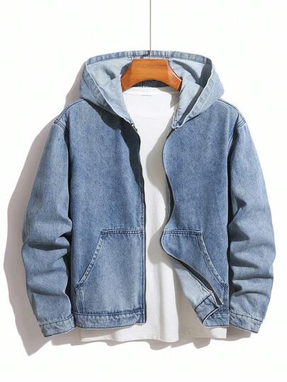Manfinity Homme 男士长袖休闲宽松拉链连帽牛仔夹克，秋季男士牛仔连帽衫，情侣男友/老公款水洗蓝，适合外出穿着，男士牛仔连帽衫，男士夹克，男士连帽衫