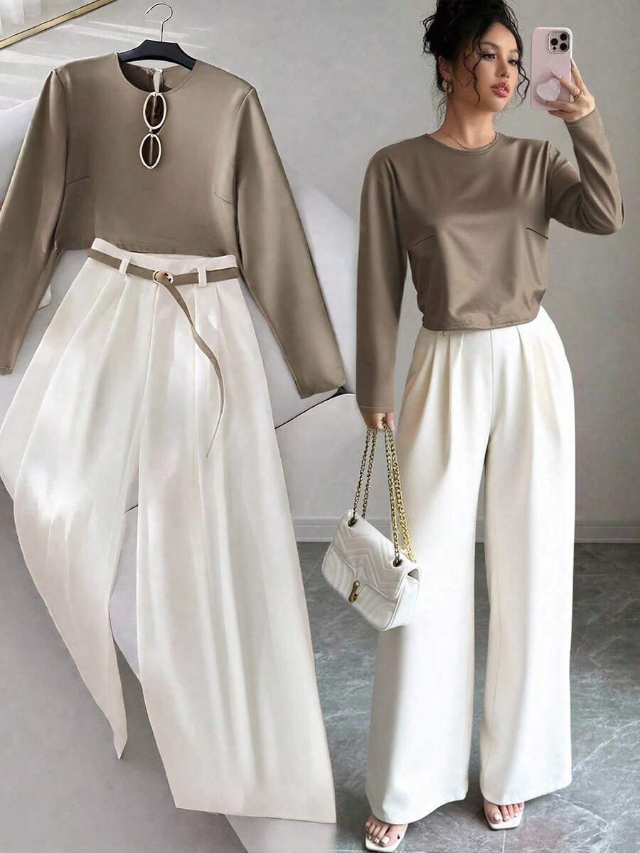 SHEIN Franclia 女士纯色圆领长袖衬衫和褶皱阔腿裤两件套 - 咖啡棕 - 查看 1