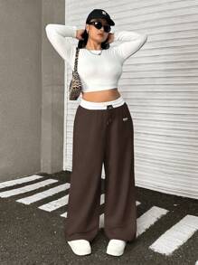 Muchica Quần dài ống rộng cạp cao có dây rút họa tiết chữ cỡ lớn dành cho nữ, màu nâu - màu nâu - Xem 3