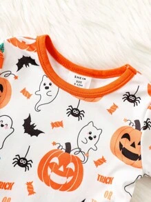 Set 2 buc/set pijama pentru copii mici, băieți/fete, model de dovleac, tricotat, moale, confortabil, cu guler rotund, mânecă lungă, top și colanți, pijama clasică, confortabilă, casual, de bază, potrivită pentru Halloween - Portocale - Vizualizare 6