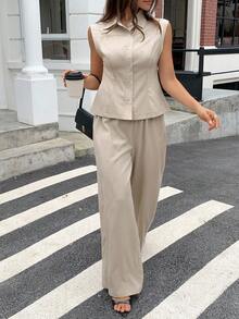 Livesso Ensemble 2 pièces Top sans manches et pantalon de couleur unie minimaliste pour femmes, tenue décontractée pour tous les jours - Nude - Voir 4