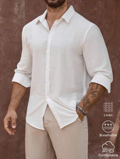 Manfinity Homme Camisa de manga larga de mezcla de lino para vacaciones de hombre maduro, ropa de resort de lino, otoño, dinero antiguo