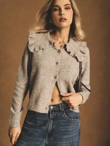 Poéselle Beige Ruffle Collar Knit Cardigan – Soft Button-Up Sweater For Women, Cozy Holiday Must-Have,Women's Casual Commuter Oversized Lapel Front Button Sweater,Premium Ruffle Collar Knit Cardigan – High-Quality Cozy Fall/Winter Holiday Sweater For Women,Cozy Fall And Winter Clothes For Women - Khaki - View 7