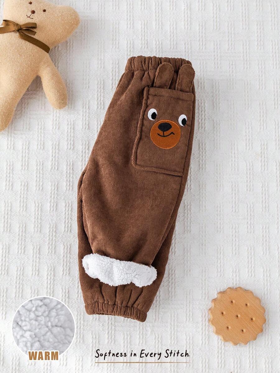 Cozy Pixies Baby Boy Cartoon Bear 3D Pattern Knitted Soft Fleece Elastic Waist Jogger Pants Fall Winter - Brown - View 1