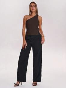 SHEIN BAE Women's Solid Color Metal Ring Decor Sleeveless Crop Top,Brown Top