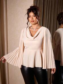 Allurite Christmas Plus Size Women's Loose Draped Collar Cinched Waist Satin High-Quality Blouse, Pleated Sleeve Long Sleeve Shirt Fall Cloth For Women - Apricot - View 7