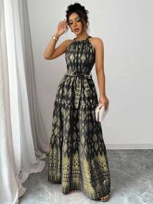 Breezaya 女士无袖 A 字中长连衣裙，简约时尚 - 黑色 - 查看 5