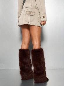 SUMWON WOMEN 原始下摆牛仔迷你裙不对称破洞工装设计高腰纽扣前部冬季节日时尚休闲街头风格米色 - 淺灰色 - 查看 2