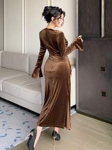 DAZY Vestido midi de unicolor elegante con abertura para mujer, otoño