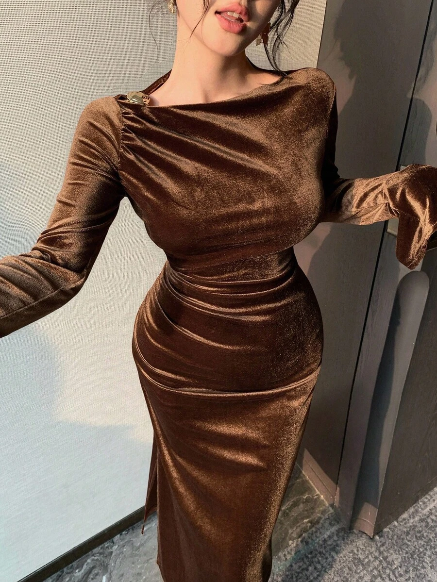 DAZY Vestido midi de unicolor elegante con abertura para mujer, otoño