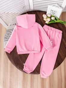 Conjunto Esportivo Casual Rosa com Moletom com Capuz e Decor de Laço 3D e Calça, 2 Peças, Adequado para Uso Ao Ar Livre, Lazer Esportivo, Uso Diário - Rosa chiclete - Visão 2