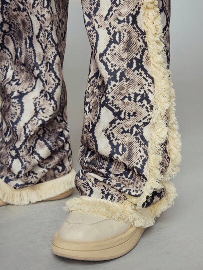 Street Life Pantalones largos holgados con cintura con cordón, con capas y efecto de piel de serpiente deshilachada, para otoño