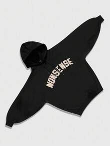 ROMWE MEN Street Life Men's Letter Graphic Long Sleeve Drawstring Hooded Casual Sweatshirt, Autumn, Winter - Black - View 2