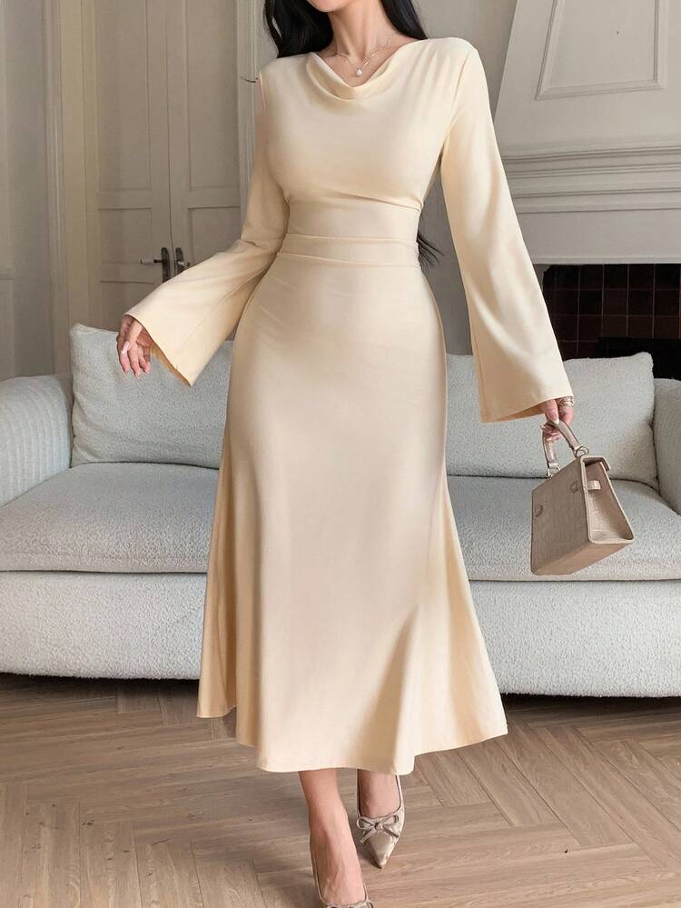 Women's Elegant Solid Color Flared Sleeve Midi Dress, Spring/Autumn