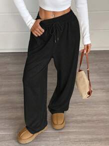 SHEIN EZwear Plus Size Women's Casual Loose Drawstring Wide Leg Sweatpants, Black Loose Pants For Women Elastic Waist Pants Women Lounge Pants Women Casual Pants,Fall Clothes For Women