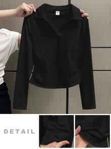 SHEIN 少女百搭黑色方形 V 领长袖 T 恤，设计师风格，夏季休闲 Polo 衫，齐腰长款，修身剪裁，干净女孩 - 黑色 - 查看 6