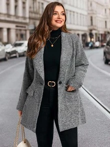SHEIN Clasi Abrigo de tweed gris con cintura ceñida para mujer de talla grande, abrigo exterior de moda gris para otoño e invierno, abrigo casual elegante para la oficina, el transporte y el uso diario - Gris - Ver 4